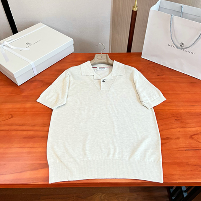 brunello cucinelli single button notch polo collar silk cashmere blend short sleeve knit shirt